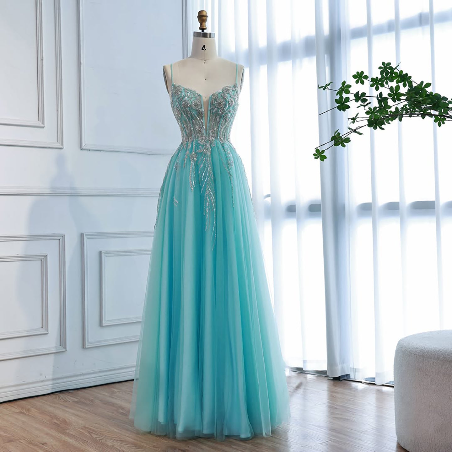 Luxury Blue Sleeveless Beaded A-Line Evening Dress LA73432