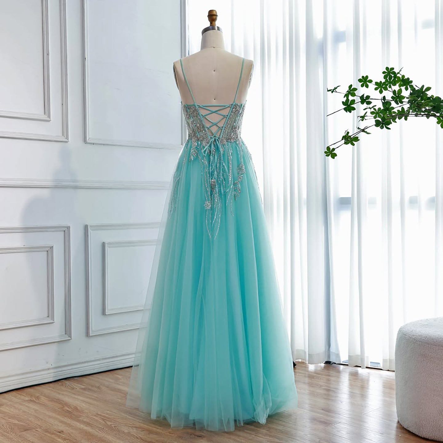 Luxury Blue Sleeveless Beaded A-Line Evening Dress LA73432