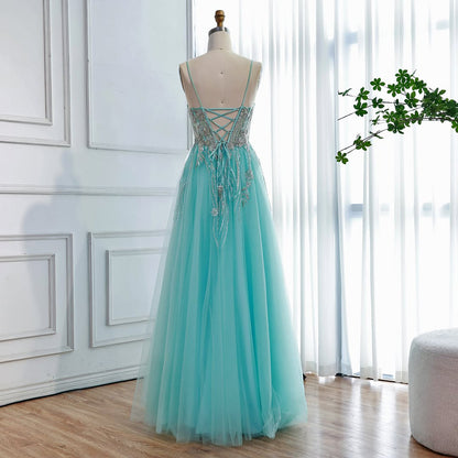 Luxury Blue Sleeveless Beaded A-Line Evening Dress LA73432