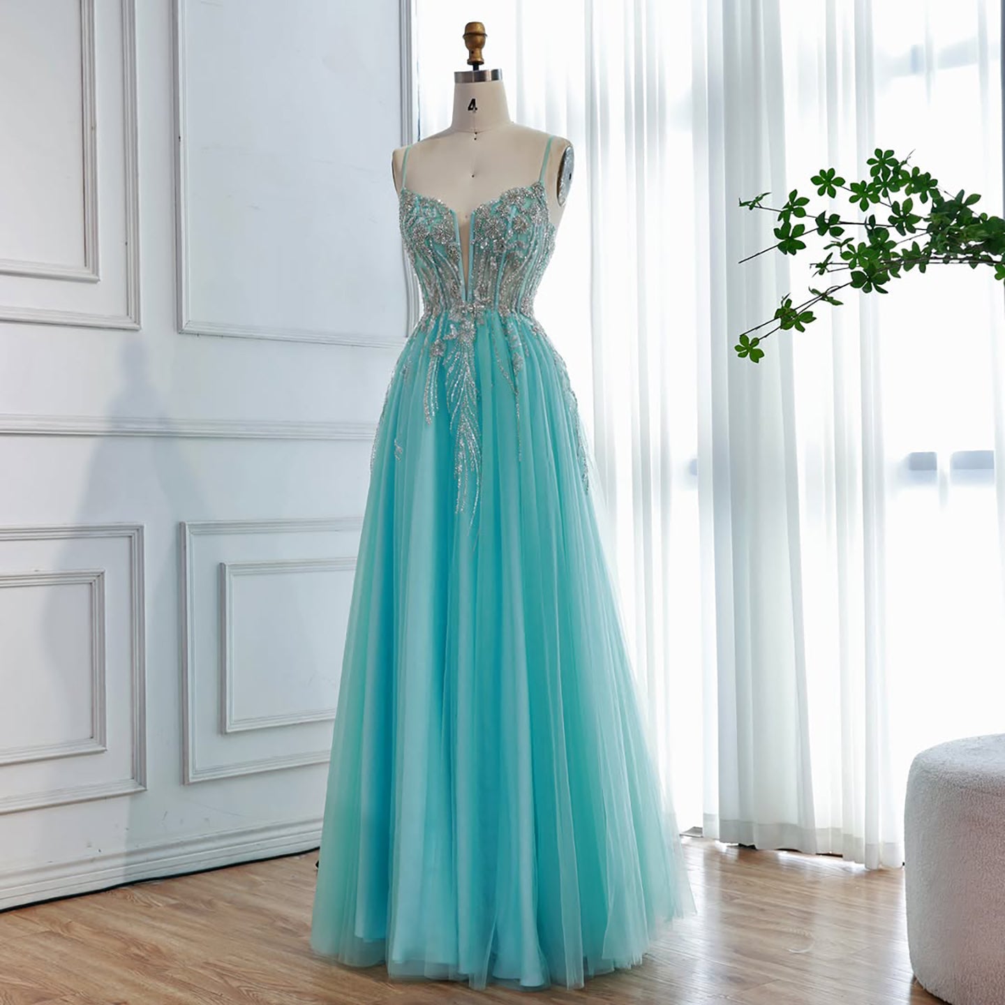 Luxury Blue Sleeveless Beaded A-Line Evening Dress LA73432
