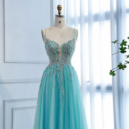 Luxury Blue Sleeveless Beaded A-Line Evening Dress LA73432