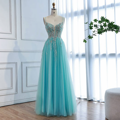 Luxury Blue Sleeveless Beaded A-Line Evening Dress LA73432