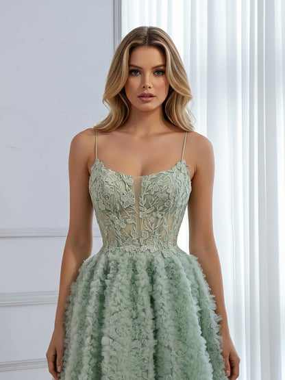 Sage Green A-Line Spaghetti Strap Mini Tulle Homecoming Dress LA73433