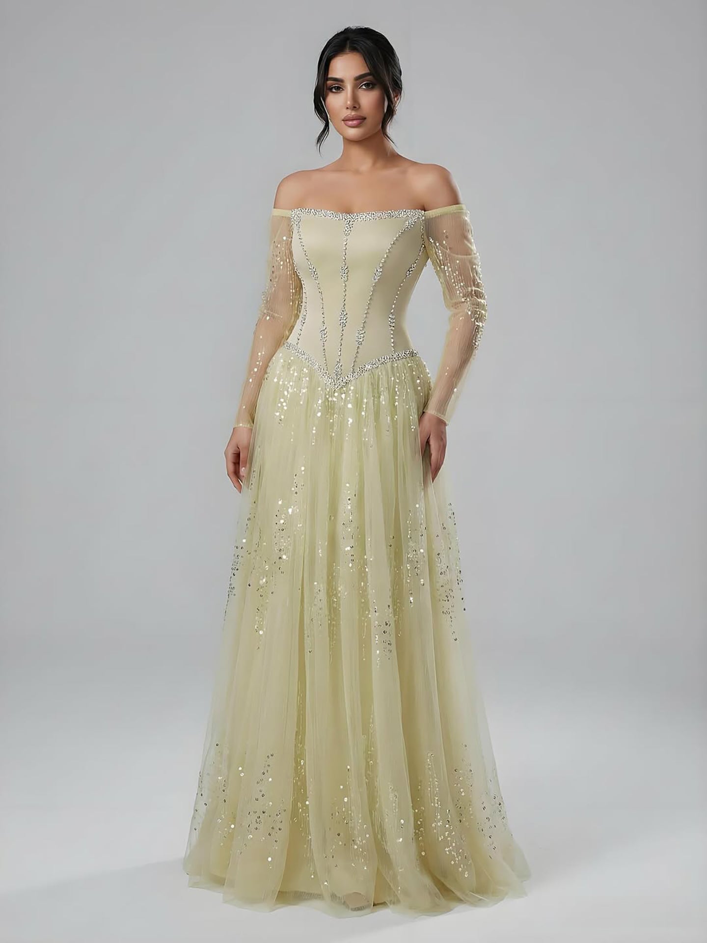 Luxuriöses arabisch-blaues schulterfreies A-Linien-Abendkleid mit Perlenbesatz und Ärmeln LA73464