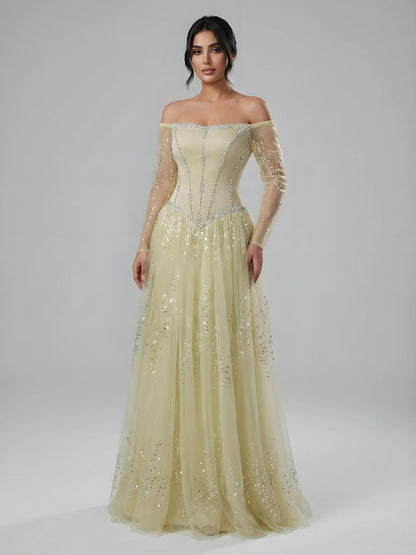 Luxuriöses arabisch-blaues schulterfreies A-Linien-Abendkleid mit Perlenbesatz und Ärmeln LA73464