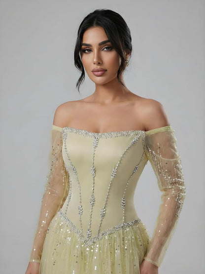 Luxuriöses arabisch-blaues schulterfreies A-Linien-Abendkleid mit Perlenbesatz und Ärmeln LA73464