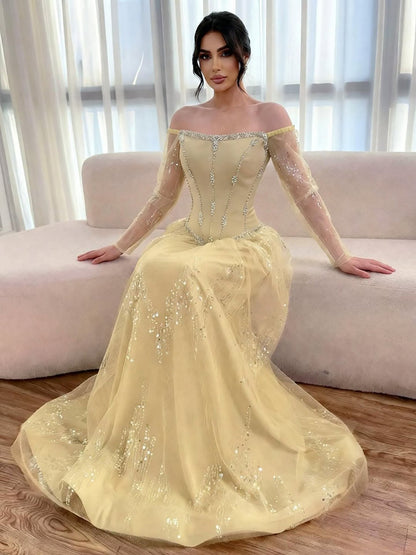 Luxuriöses arabisch-blaues schulterfreies A-Linien-Abendkleid mit Perlenbesatz und Ärmeln LA73464