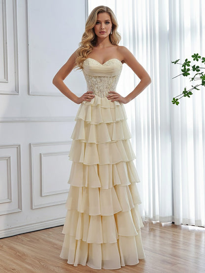 Luxury Yellow Pearl Lace Strapless Beaded Corset A-Line Evening Dress LA73434