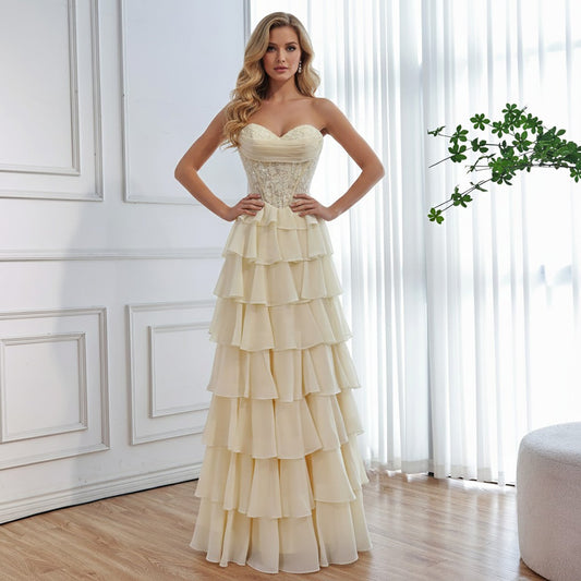 Luxury Yellow Pearl Lace Strapless Beaded Corset A-Line Evening Dress LA73434