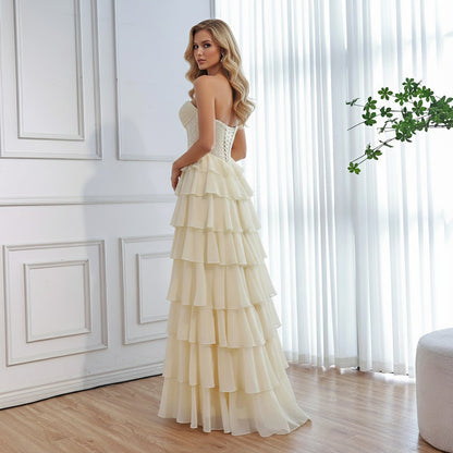 Luxury Yellow Pearl Lace Strapless Beaded Corset A-Line Evening Dress LA73434