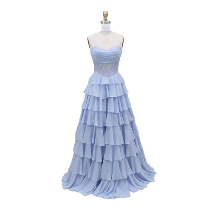 Luxury Yellow Pearl Lace Strapless Beaded Corset A-Line Evening Dress LA73434