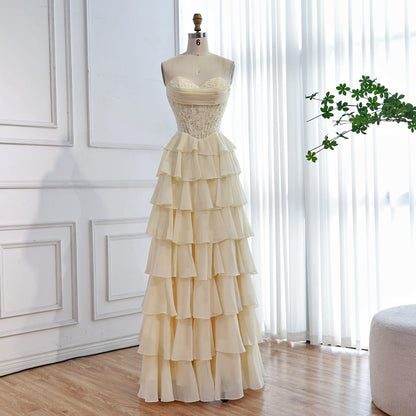 Luxury Yellow Pearl Lace Strapless Beaded Corset A-Line Evening Dress LA73434