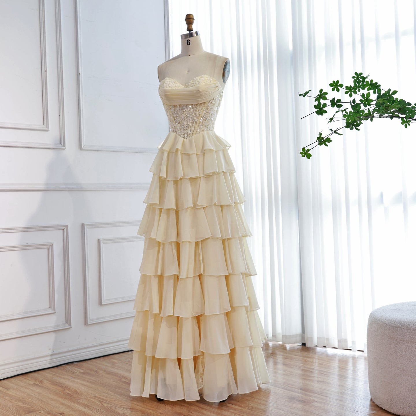 Luxury Yellow Pearl Lace Strapless Beaded Corset A-Line Evening Dress LA73434