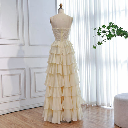 Luxury Yellow Pearl Lace Strapless Beaded Corset A-Line Evening Dress LA73434