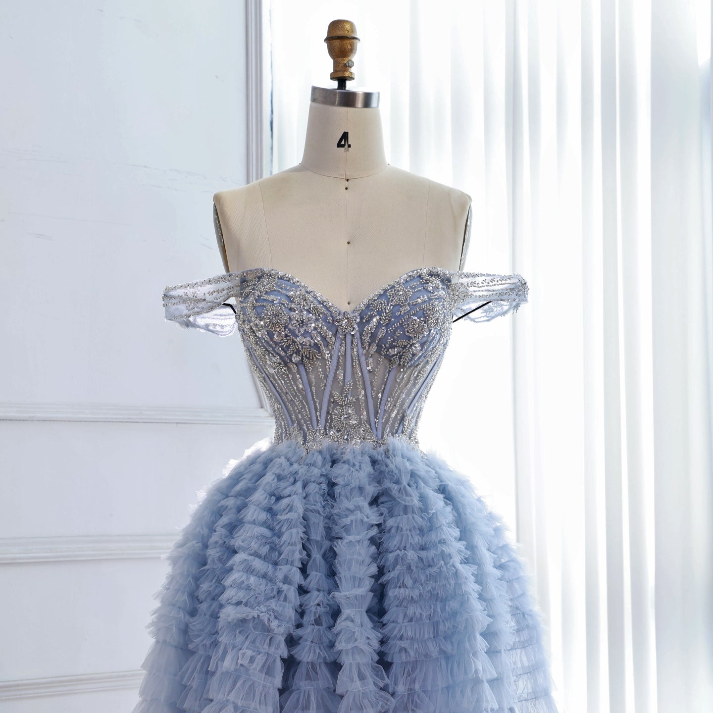 Luxury Blue A-Line Off Shoulder Mini Tulle Beaded Homecoming Dress LA73435
