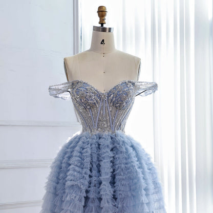 Luxury Blue A-Line Off Shoulder Mini Tulle Beaded Homecoming Dress LA73435