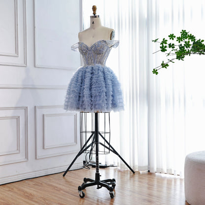 Luxury Blue A-Line Off Shoulder Mini Tulle Beaded Homecoming Dress LA73435