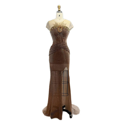 Luxury Saudi Arabic Nude Beaded High Split Evening Dress LA73436