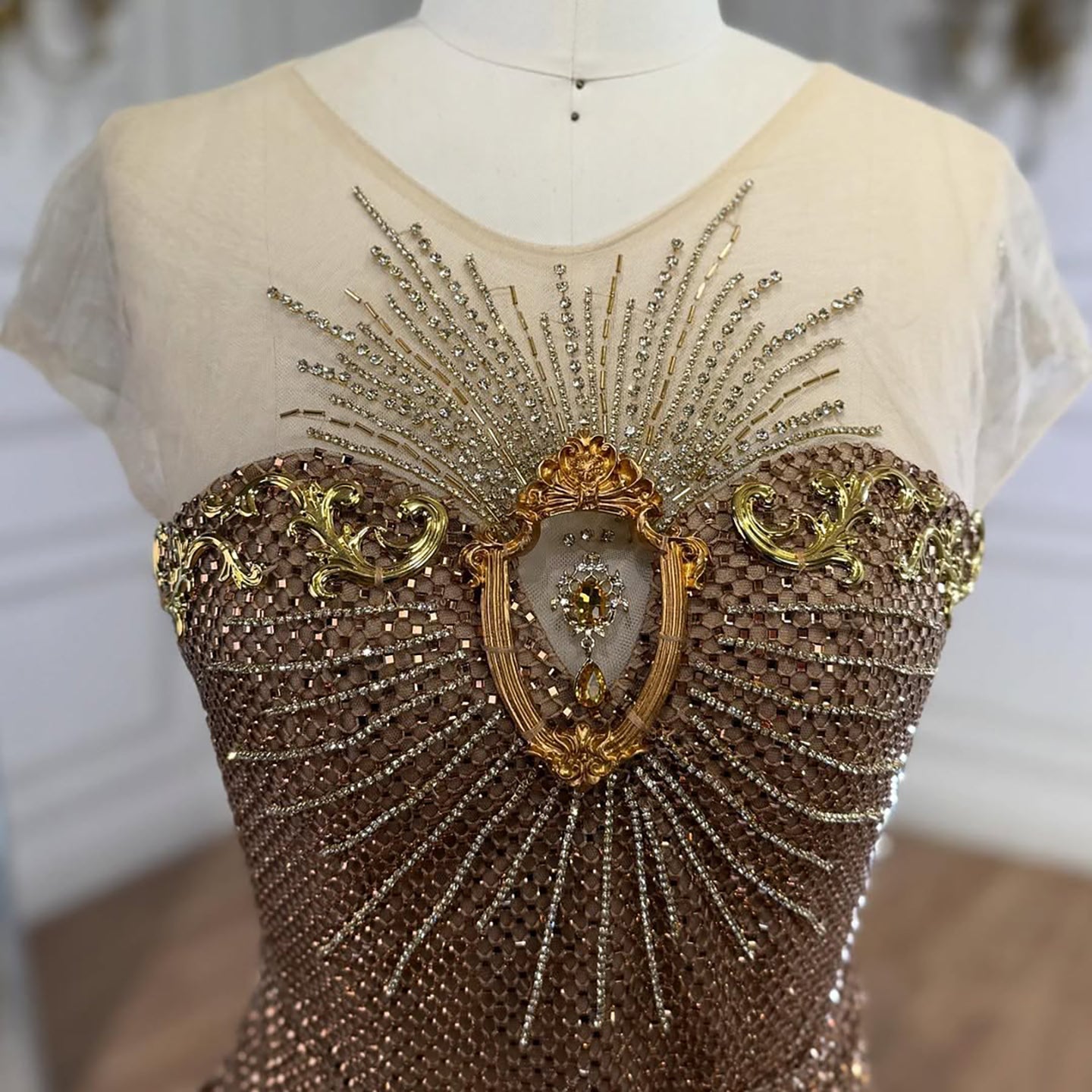 Luxury Saudi Arabic Nude Beaded High Split Evening Dress LA73436