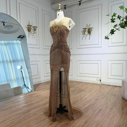 Luxury Saudi Arabic Nude Beaded High Split Evening Dress LA73436