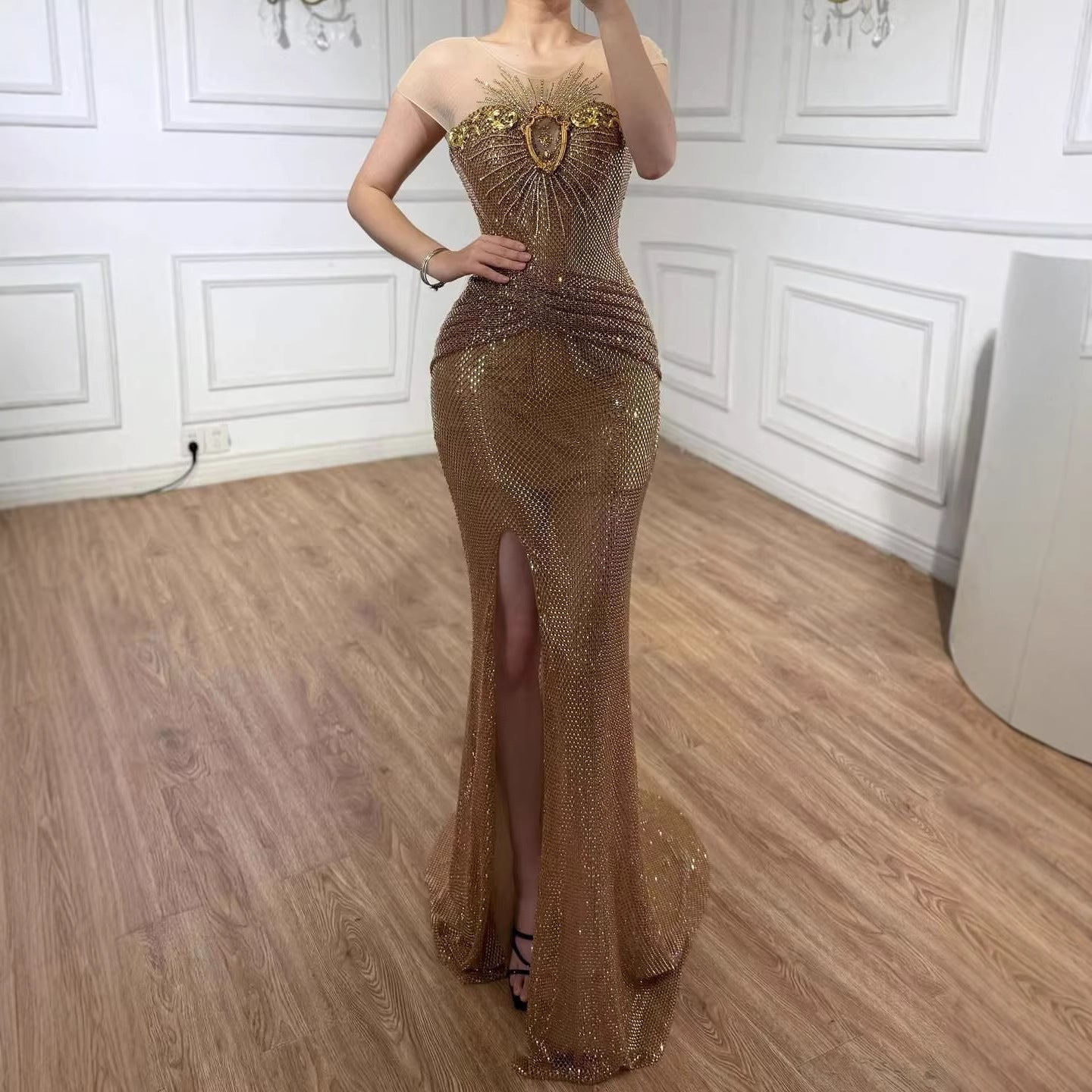 Luxury Saudi Arabic Nude Beaded High Split Evening Dress LA73436