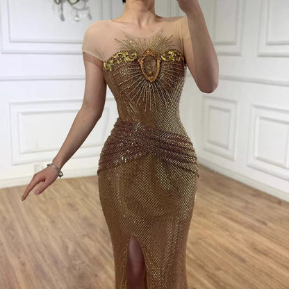 Luxury Saudi Arabic Nude Beaded High Split Evening Dress LA73436