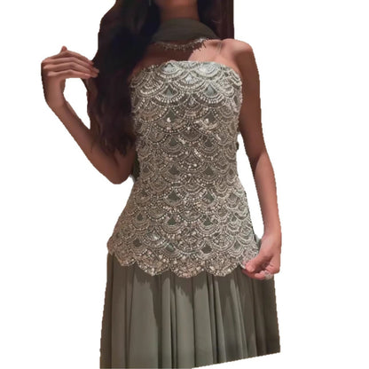 Luxury Sage Green Strapless Beaded A-Line Evening Dress LA73440