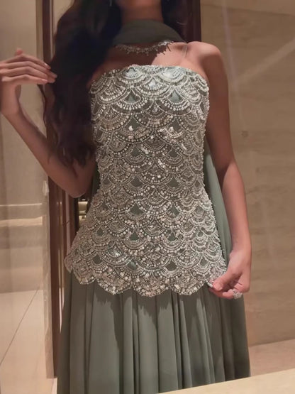 Luxury Sage Green Strapless Beaded A-Line Evening Dress LA73440