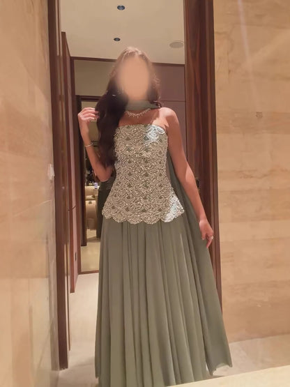 Luxury Sage Green Strapless Beaded A-Line Evening Dress LA73440