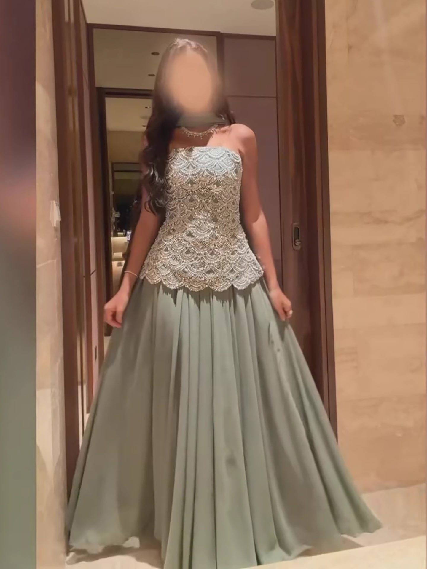 Luxury Sage Green Strapless Beaded A-Line Evening Dress LA73440