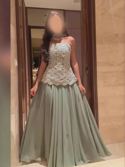 Luxury Sage Green Strapless Beaded A-Line Evening Dress LA73440