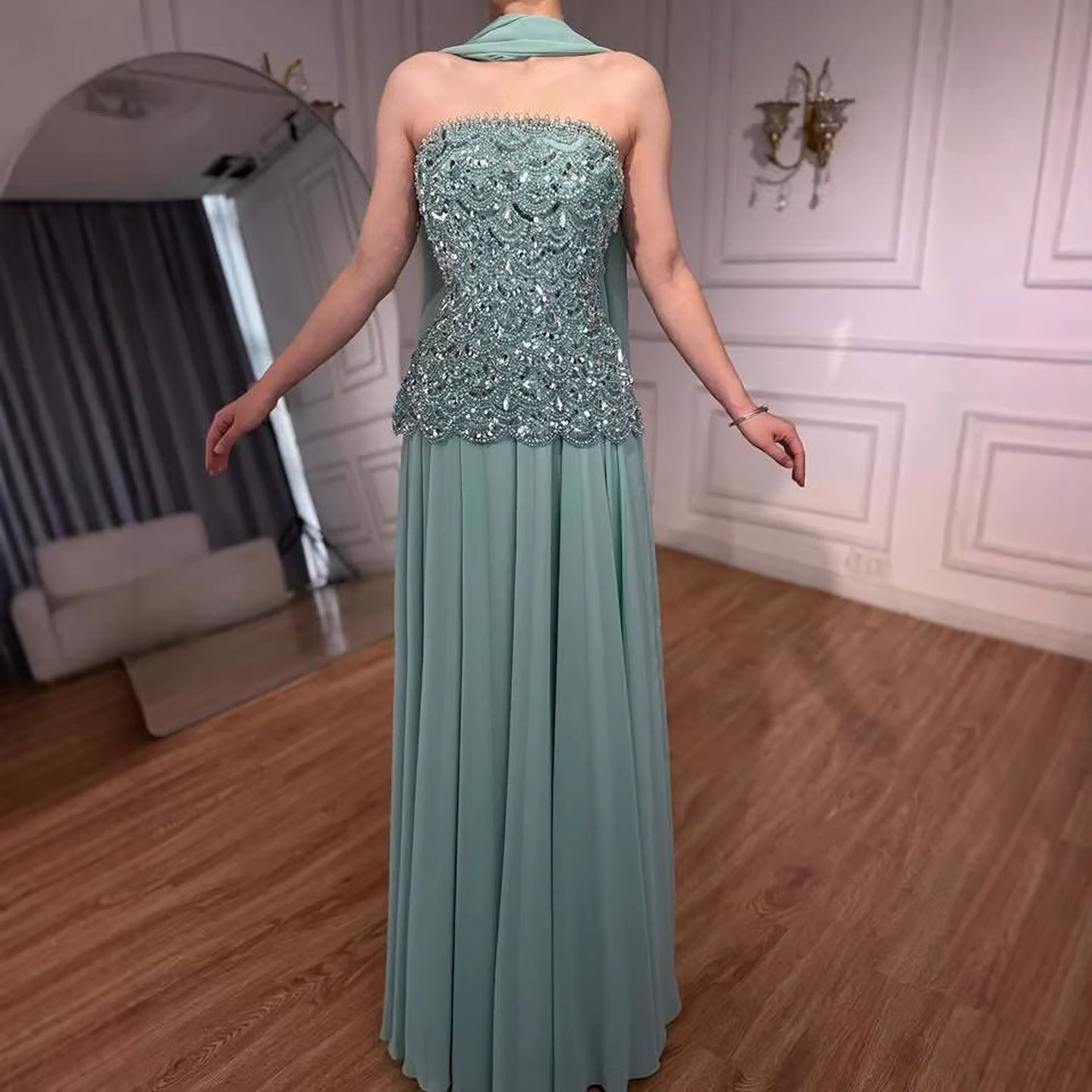 Luxury Sage Green Strapless Beaded A-Line Evening Dress LA73440