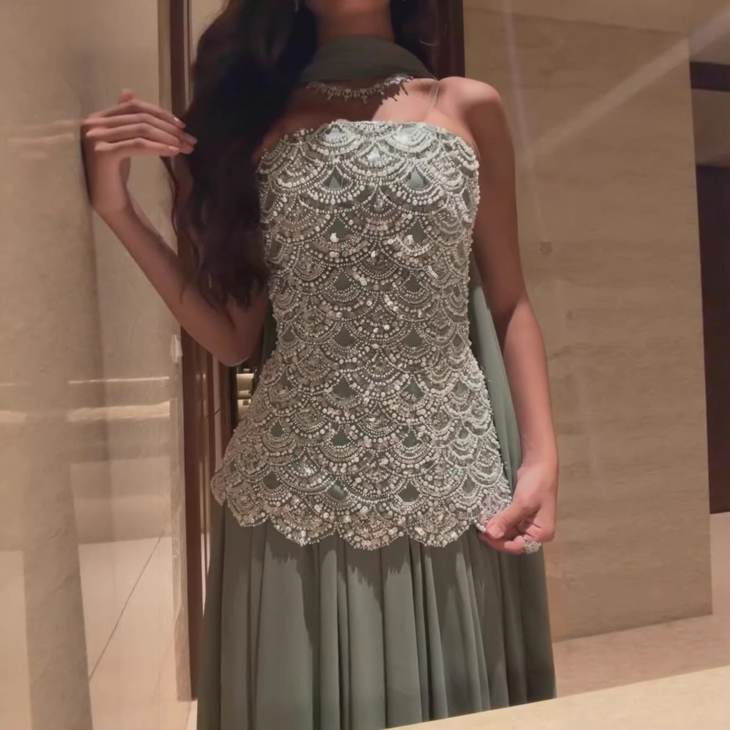 Luxury Sage Green Strapless Beaded A-Line Evening Dress LA73440