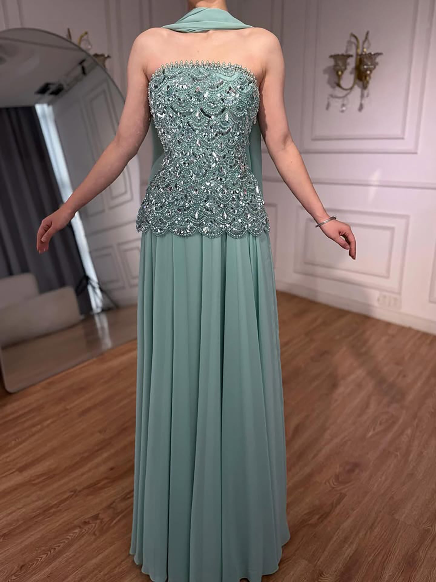 Luxury Sage Green Strapless Beaded A-Line Evening Dress LA73440
