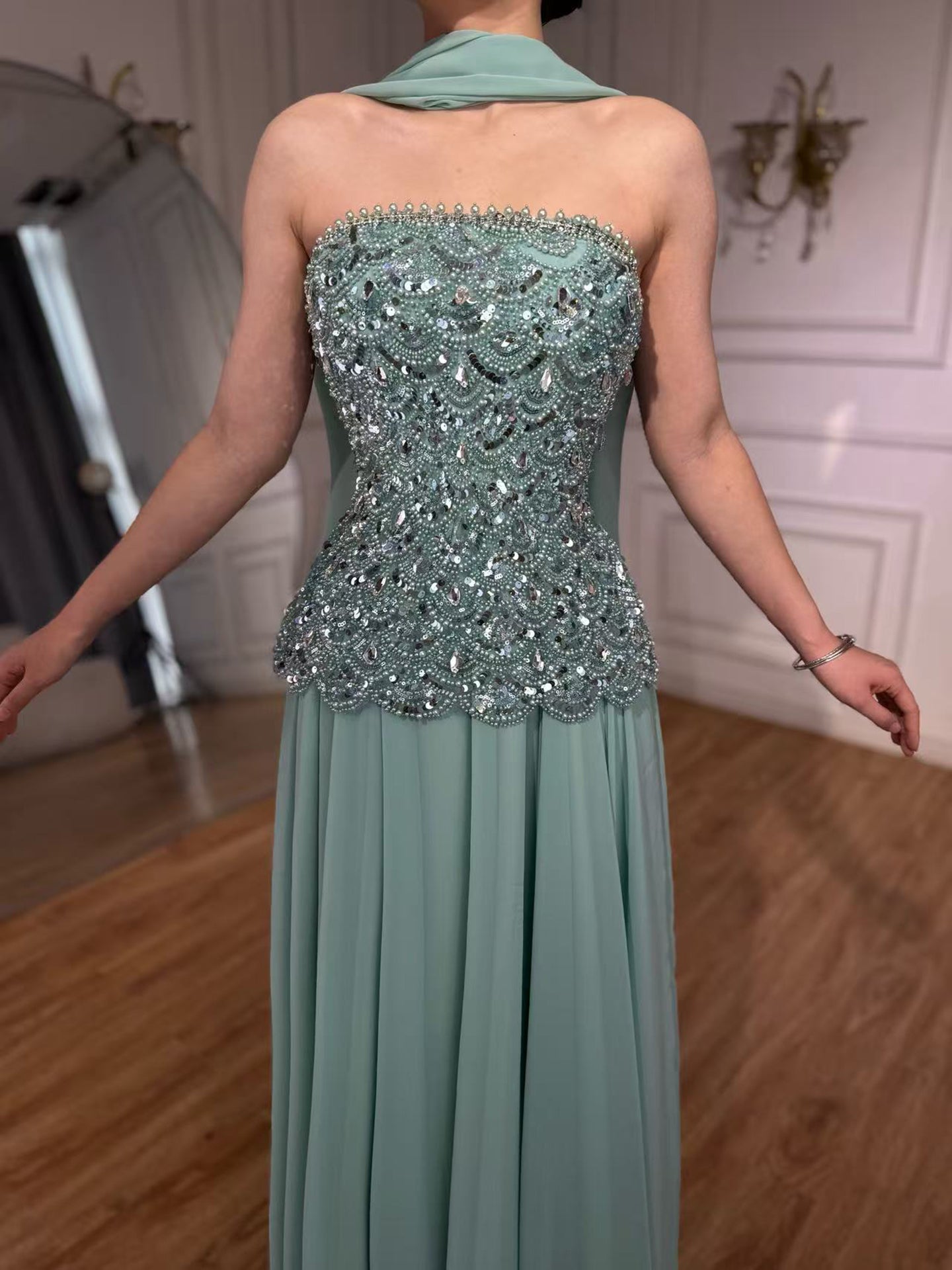 Luxury Sage Green Strapless Beaded A-Line Evening Dress LA73440
