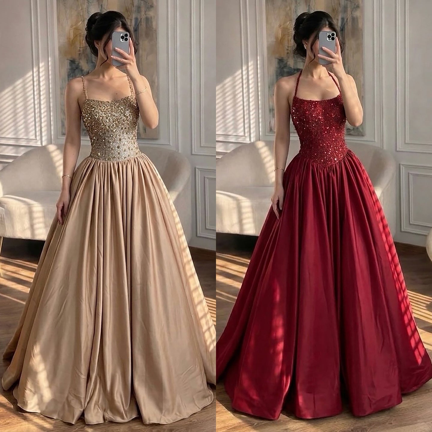 Luxuriöses goldenes Diamant-Halter-Abendkleid LA73441
