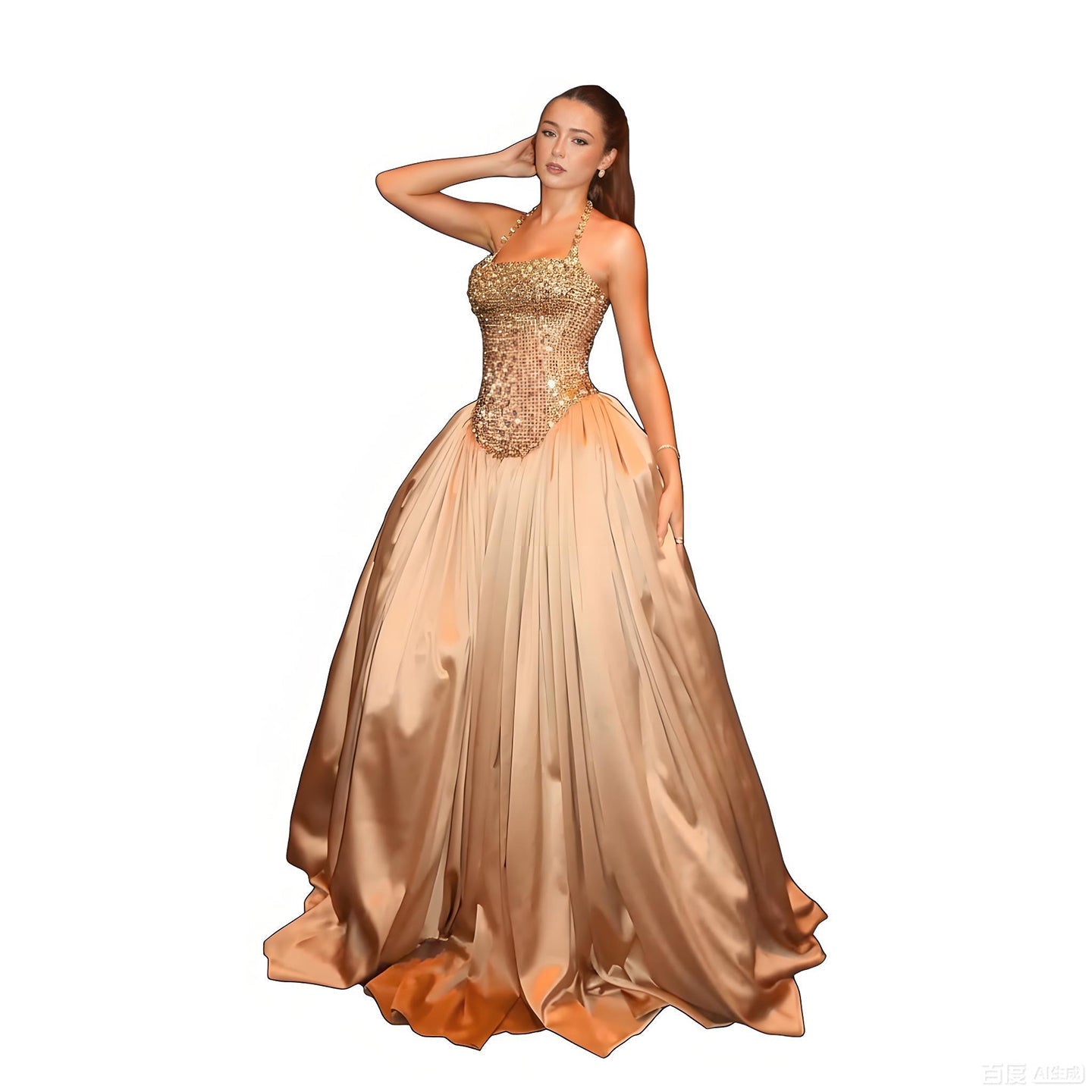 Luxury Gold Diamond Halter Evening Dress Ball Gown LA73441