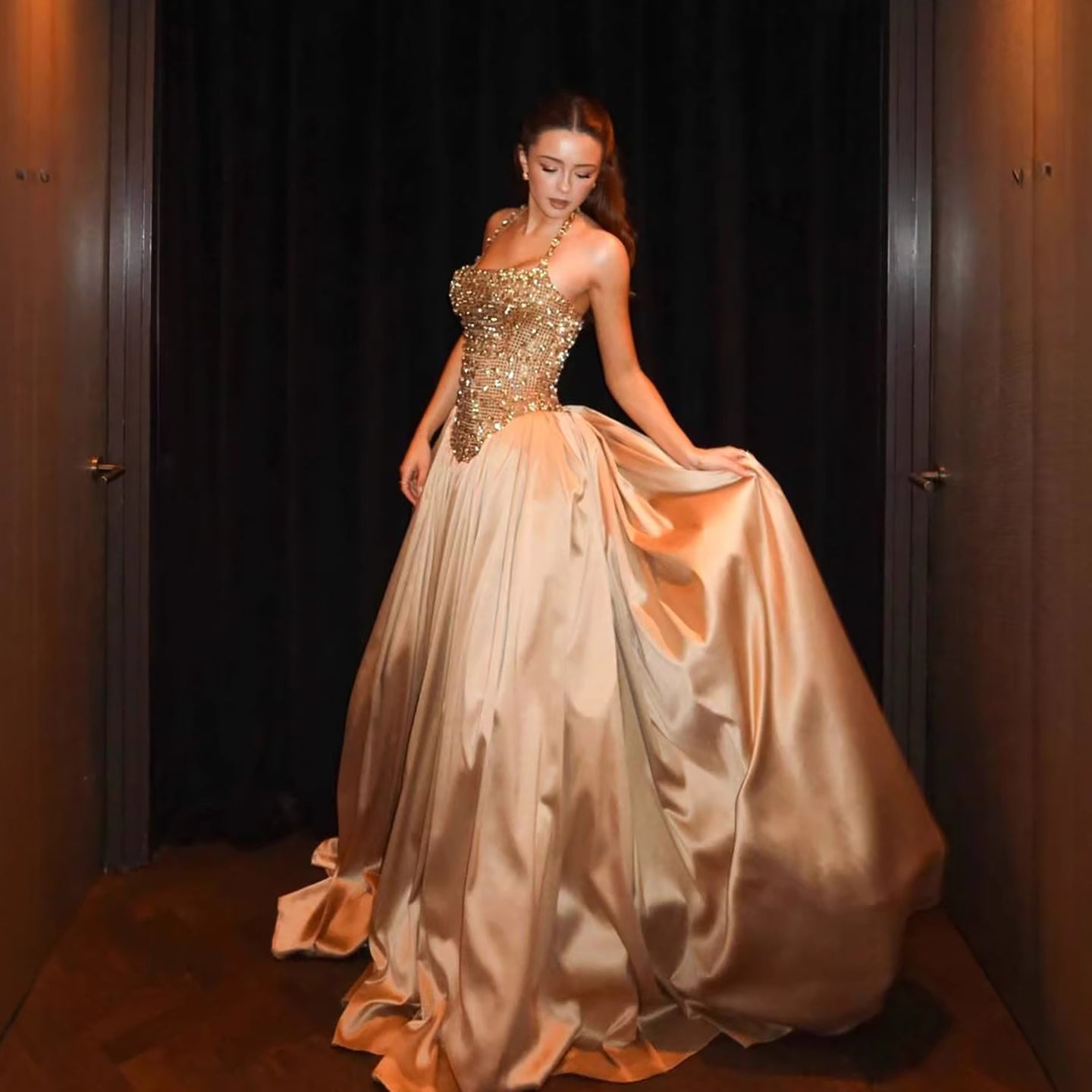 Luxury Gold Diamond Halter Evening Dress Ball Gown LA73441