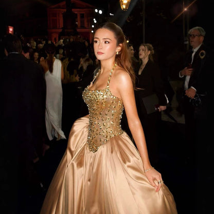 Luxury Gold Diamond Halter Evening Dress Ball Gown LA73441