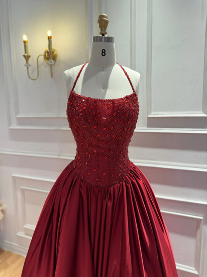 Luxuriöses goldenes Diamant-Halter-Abendkleid LA73441