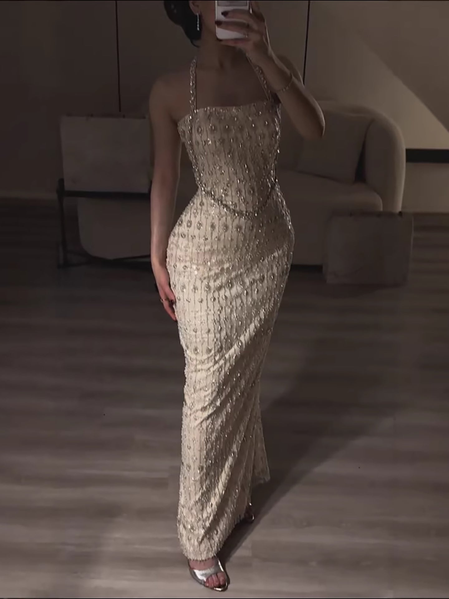 Luxury Nude Halter Neck Elegant Beaded Mermaid Evening Dress LA73442