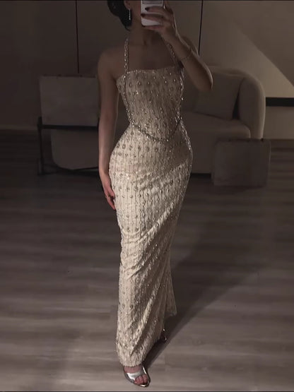 Luxury Nude Halter Neck Elegant Beaded Mermaid Evening Dress LA73442