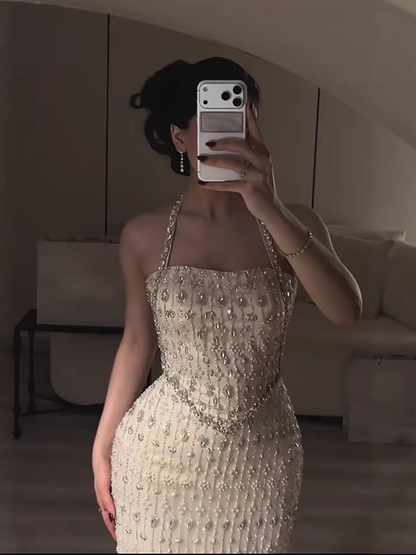 Luxury Nude Halter Neck Elegant Beaded Mermaid Evening Dress LA73442