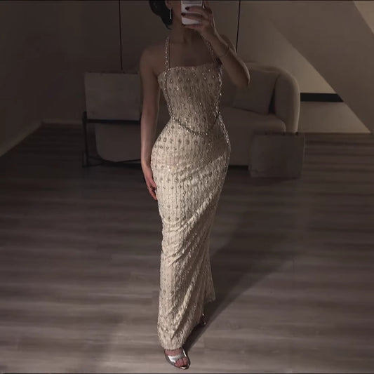 Luxury Nude Halter Neck Elegant Beaded Mermaid Evening Dress LA73442