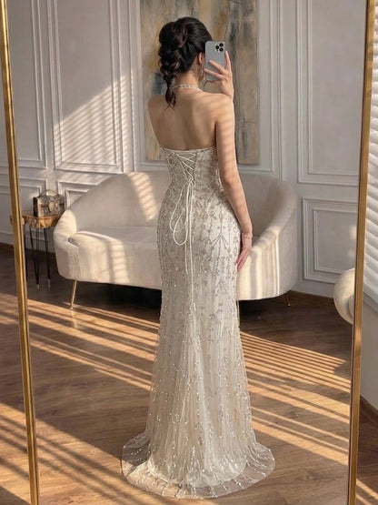 Luxury Nude Halter Neck Elegant Beaded Mermaid Evening Dress LA73442
