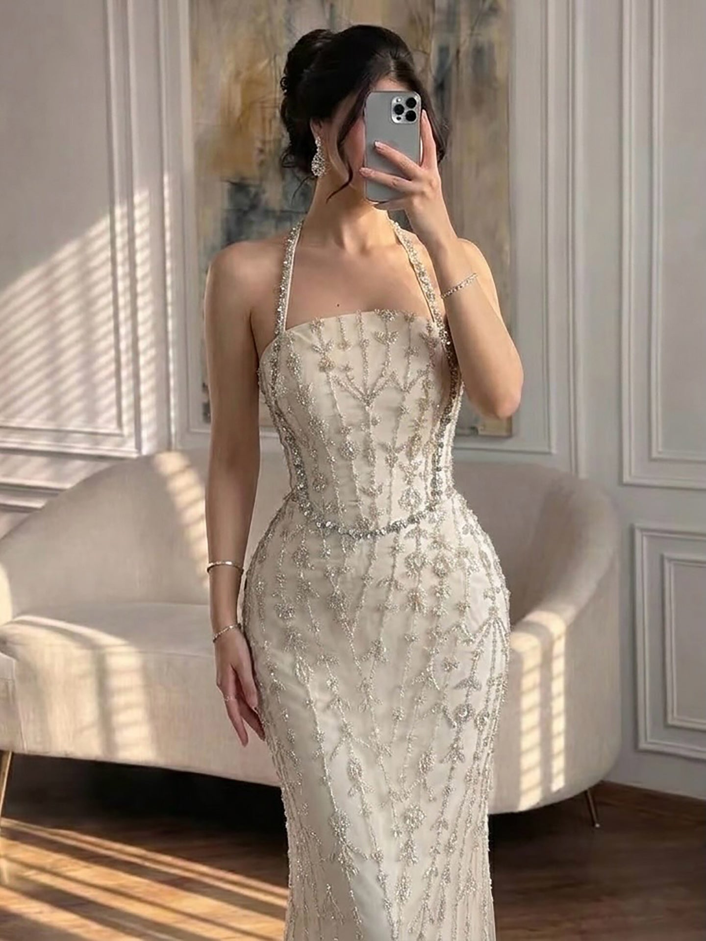 Luxury Nude Halter Neck Elegant Beaded Mermaid Evening Dress LA73442