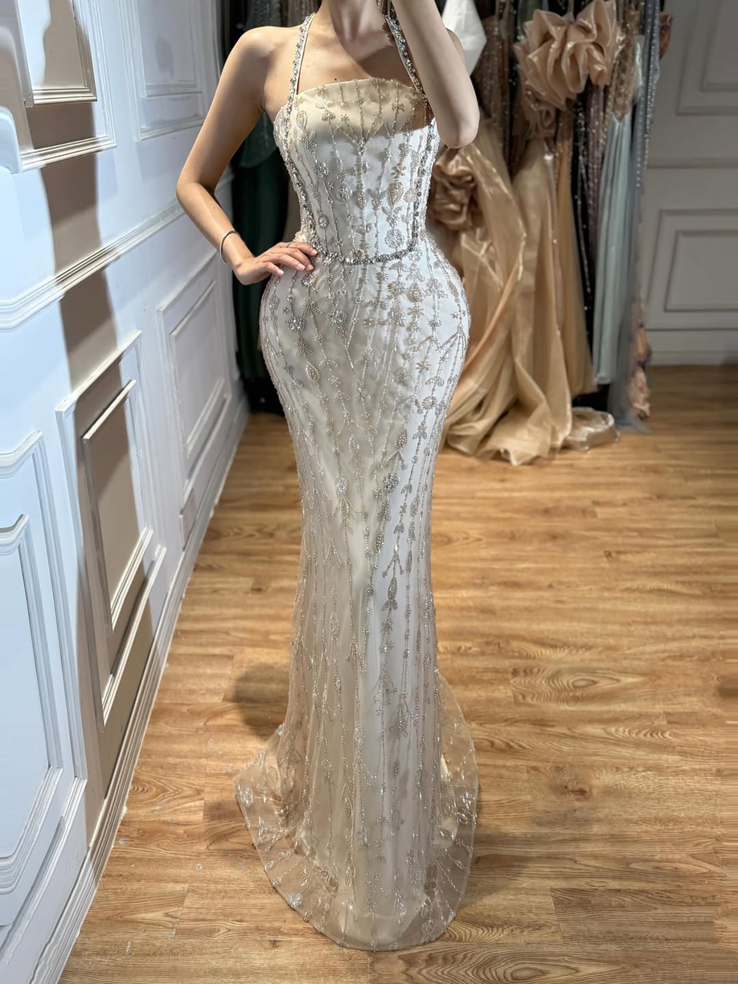 Luxury Nude Halter Neck Elegant Beaded Mermaid Evening Dress LA73442