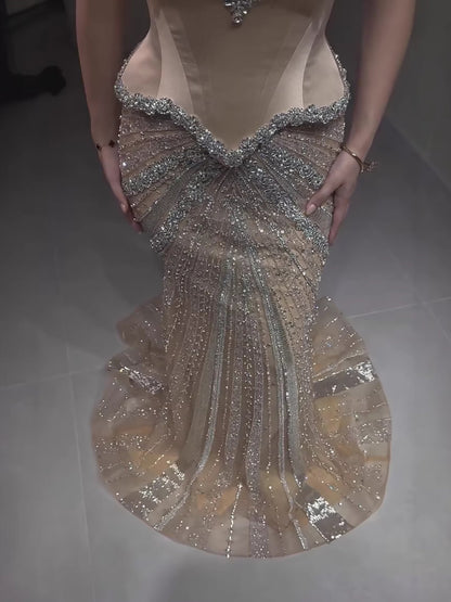 Luxury Nude Spaghetti Strap Diamond Corset Shiny Mermaid Evening Dress LA73443