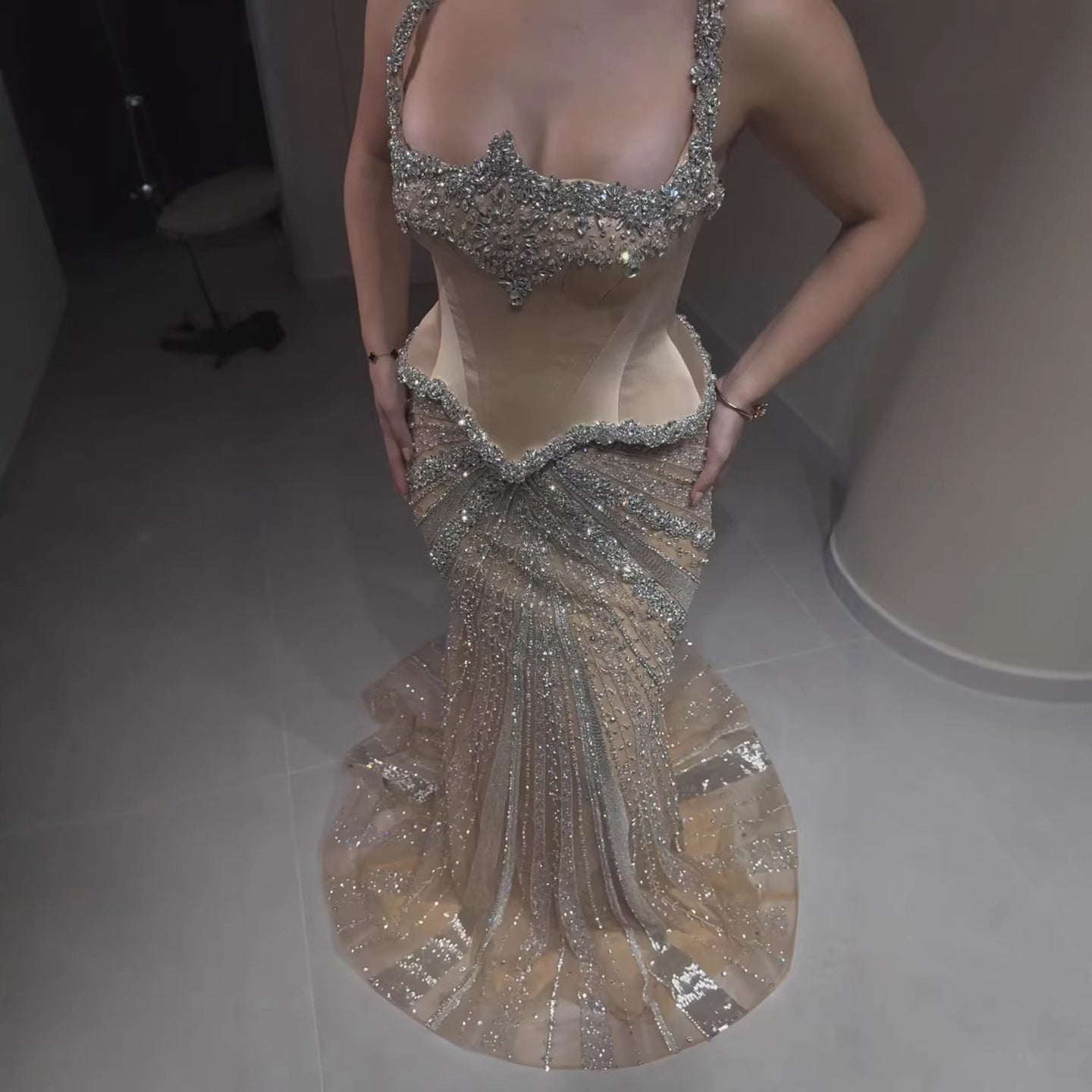 Luxury Nude Spaghetti Strap Diamond Corset Shiny Mermaid Evening Dress LA73443