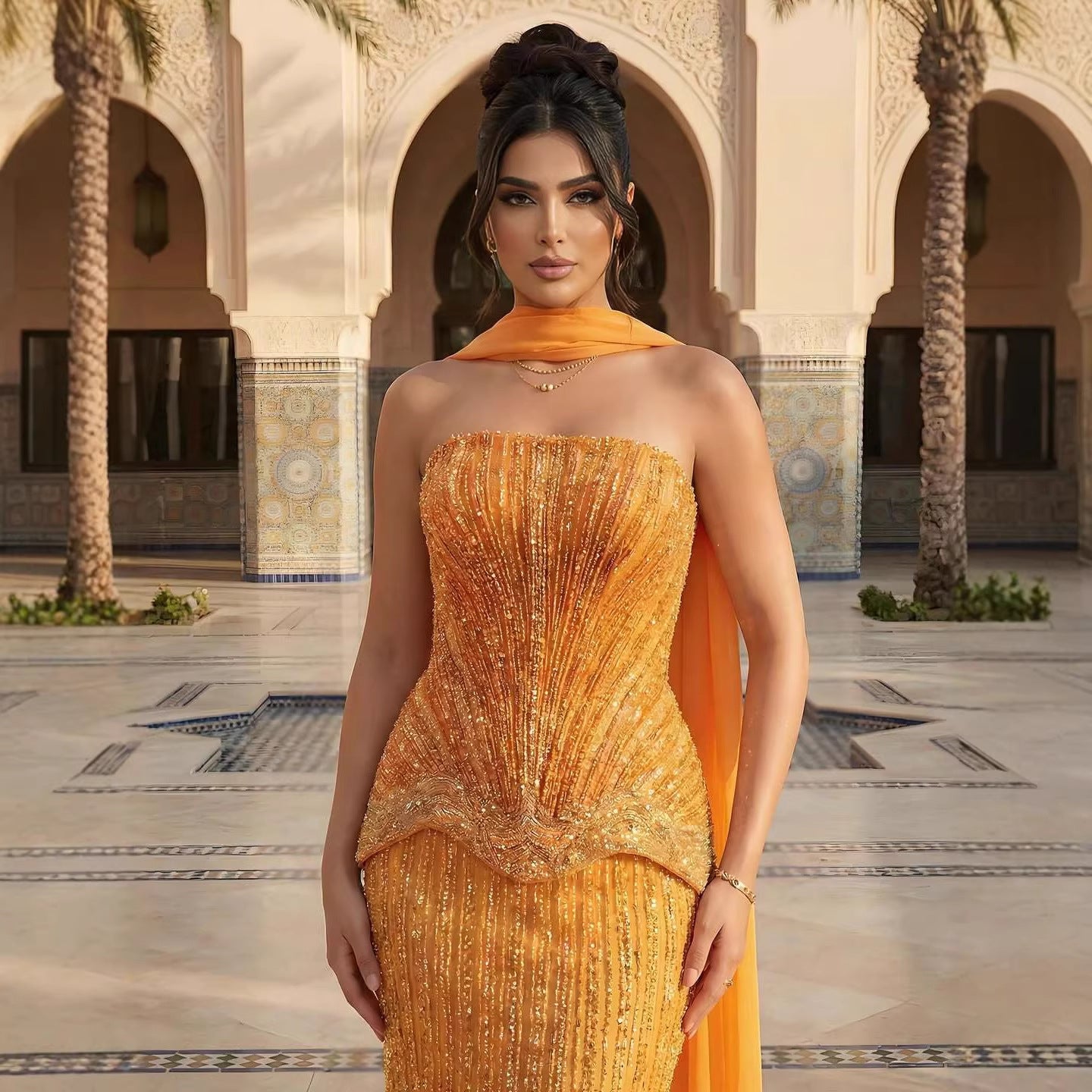 Serene Hill Arabic Orange Two Pieces Corset Evening Dress LA73444